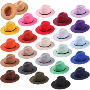 sureio 24 pcs women fedora hats bulk, panama hat wide brim hats belt buckle felt fedora hat classic stylish fall hats country ladies hats packable for women men vacation assorted colors