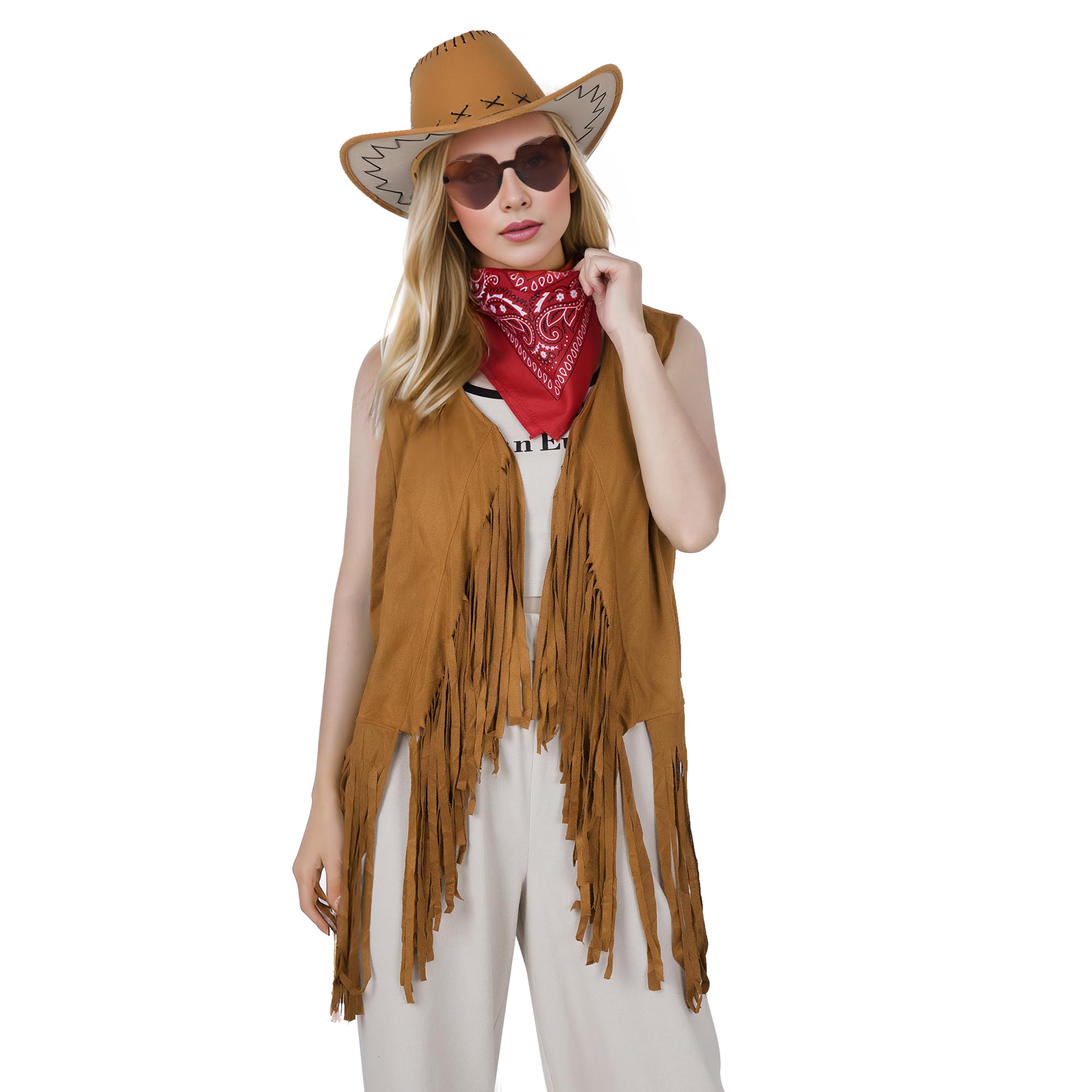 choyaxo Western Cowgirl Outfits Set Including Fringe Vest Cowgirl Hat Heart Shaped Sunglasses and Bandana for Women Halloween