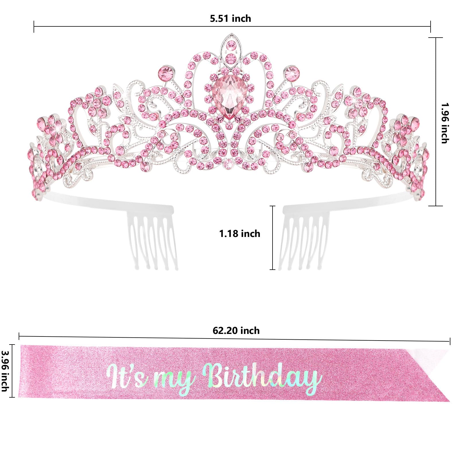 YISSION Birthday Girl Sash & Crown Pink Princess Tiara Crown for Women Girls Happy Birthday Queen Crown & Sash Birthday Tiaras & Crowns for Women Crystal Birthday Headband Birthday Party Decorations