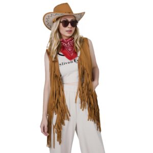 choyaxo Western Cowgirl Outfits Set Including Fringe Vest Cowgirl Hat Heart Shaped Sunglasses and Bandana for Women Halloween