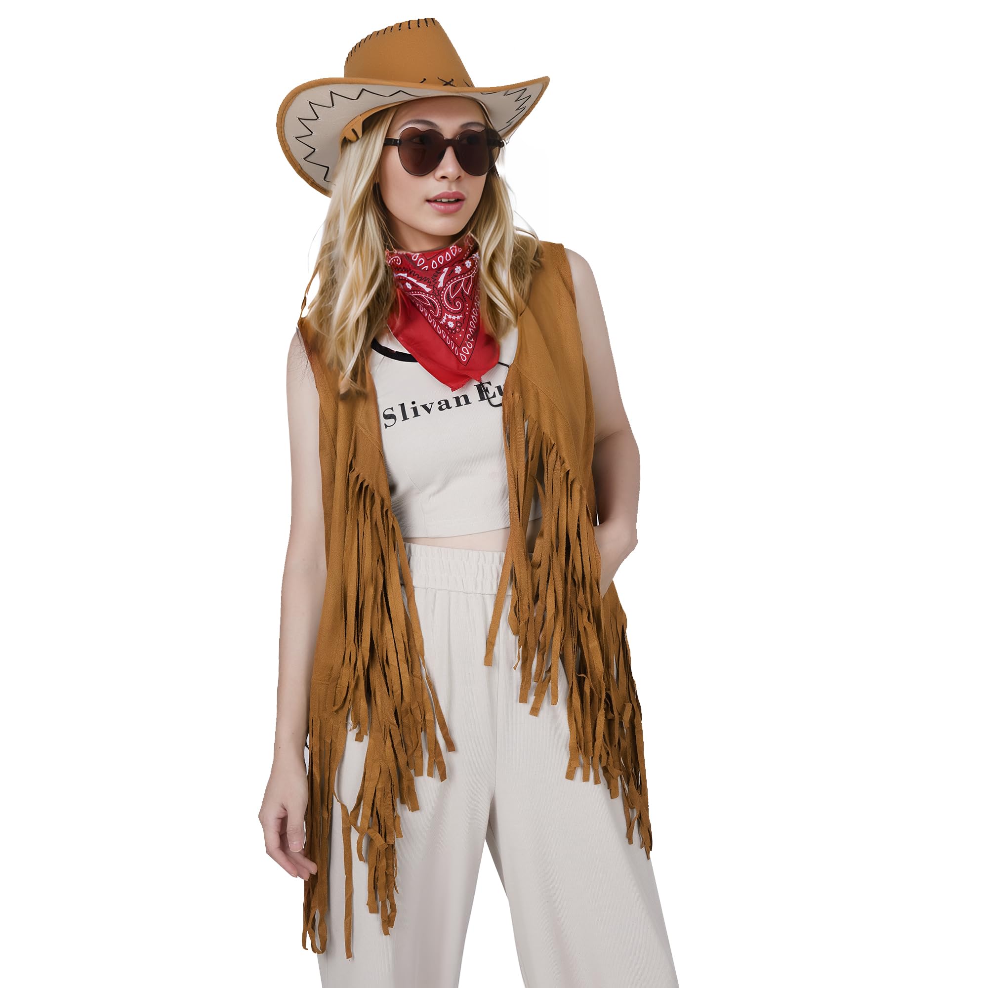 choyaxo Western Cowgirl Outfits Set Including Fringe Vest Cowgirl Hat Heart Shaped Sunglasses and Bandana for Women Halloween