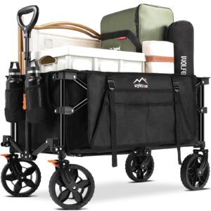 uyittour wagon cart heavy duty foldable, collapsible folding wagon with compact folding design, utility grocery wagon with side pocket and brakes for shopping, sports, camping and garden