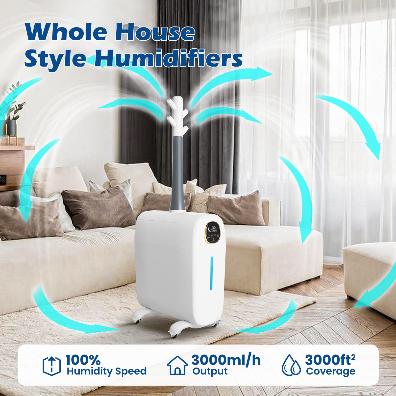 Lacidoll Humidifiers for Large Room Home, 6.6Gal/25L Large Humidifier Whole House Humidifier 3000 sq.ft, Cool Mist Top Fill Floor Commercial and Industrial Humidifiers, 360° Nozzle Sets, 3 Speed