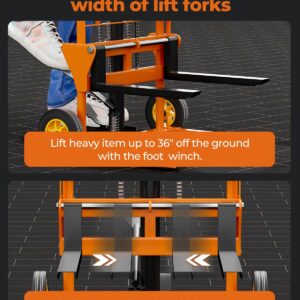 Arczorix Hydraulic Material Lift Winch Stacker 441 Lbs 36” Max Lift with 9" Thick Rubber Wheels Removable Flat Bed 18.5" Thick Fork Arm, Pallet Truck Dolly Lift Table Fork Lift