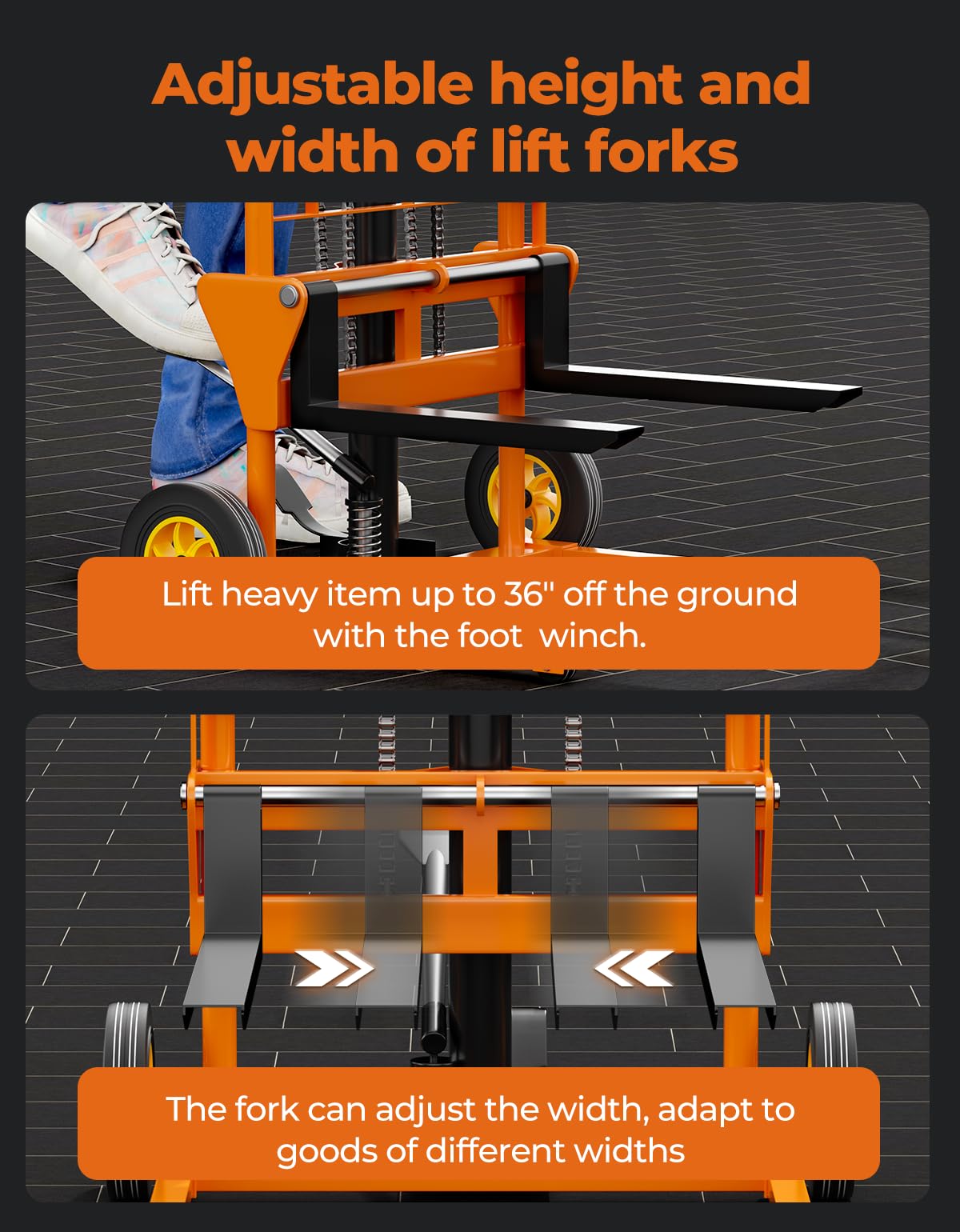 Arczorix Hydraulic Material Lift Winch Stacker 441 Lbs 36” Max Lift with 9" Thick Rubber Wheels Removable Flat Bed 18.5" Thick Fork Arm, Pallet Truck Dolly Lift Table Fork Lift