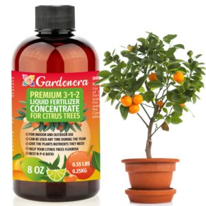 premium liquid citrus tree plant fertilizer - 3-1-2 concentrate for indoor plants and flowers by gardenera | organic plant food for citrus trees - 8oz