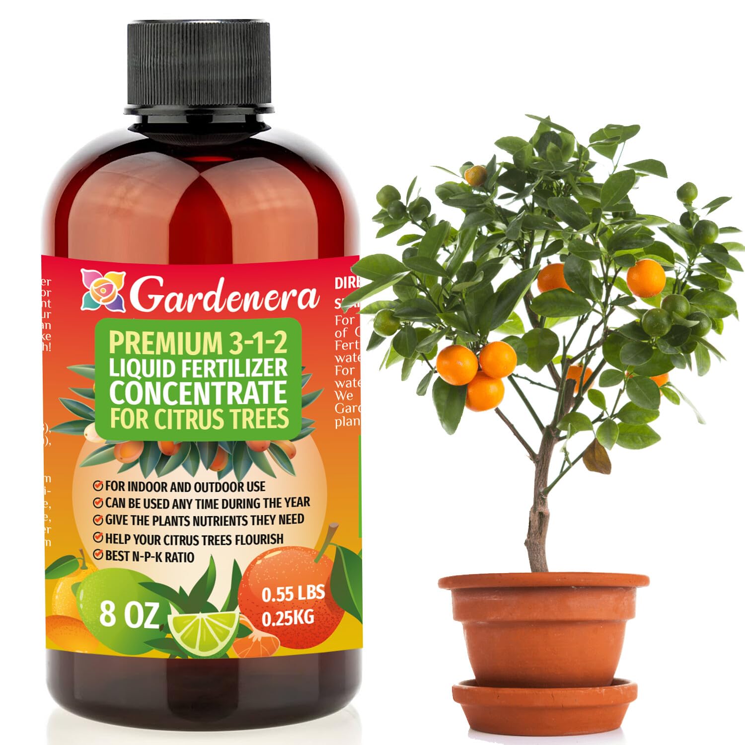 Premium Liquid Citrus Tree Plant Fertilizer - 3-1-2 Concentrate for Indoor Plants and Flowers by Gardenera | Organic Plant Food for Citrus Trees - 8oz