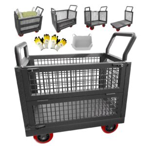 lomive 5in1 push cart with sides,heavy duty platform truck dolly w/360 swivel wheels,versatile moving hand truck cage cart w/1800lbs capacity,40"×24"flatbed cart,work gloves 2pairs&1bulk bag included