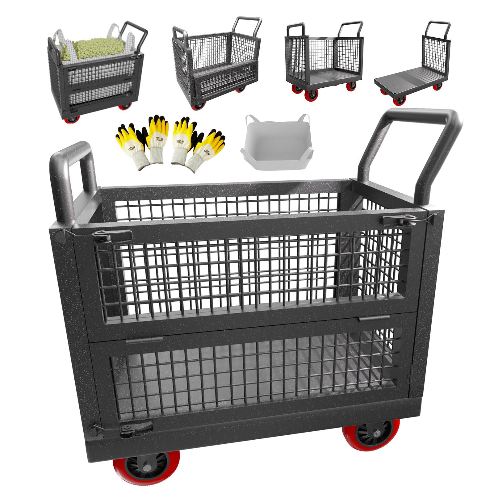 Lomive 5IN1 Push Cart with Sides,Heavy Duty Platform Truck Dolly w/360 Swivel Wheels,Versatile Moving Hand Truck Cage Cart w/1800lbs Capacity,40"×24"Flatbed Cart,Work Gloves 2Pairs&1Bulk Bag Included