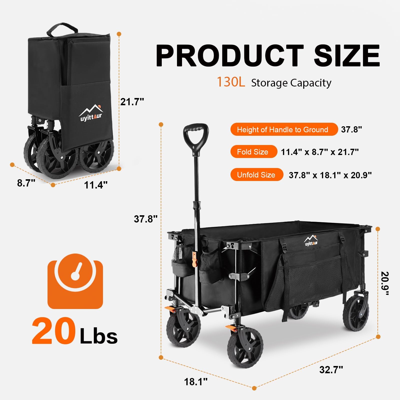 Uyittour Wagon Cart Heavy Duty Foldable, Collapsible Folding Wagon with Compact Folding Design, Utility Grocery Wagon with Side Pocket and Brakes for Shopping, Sports, Camping and Garden