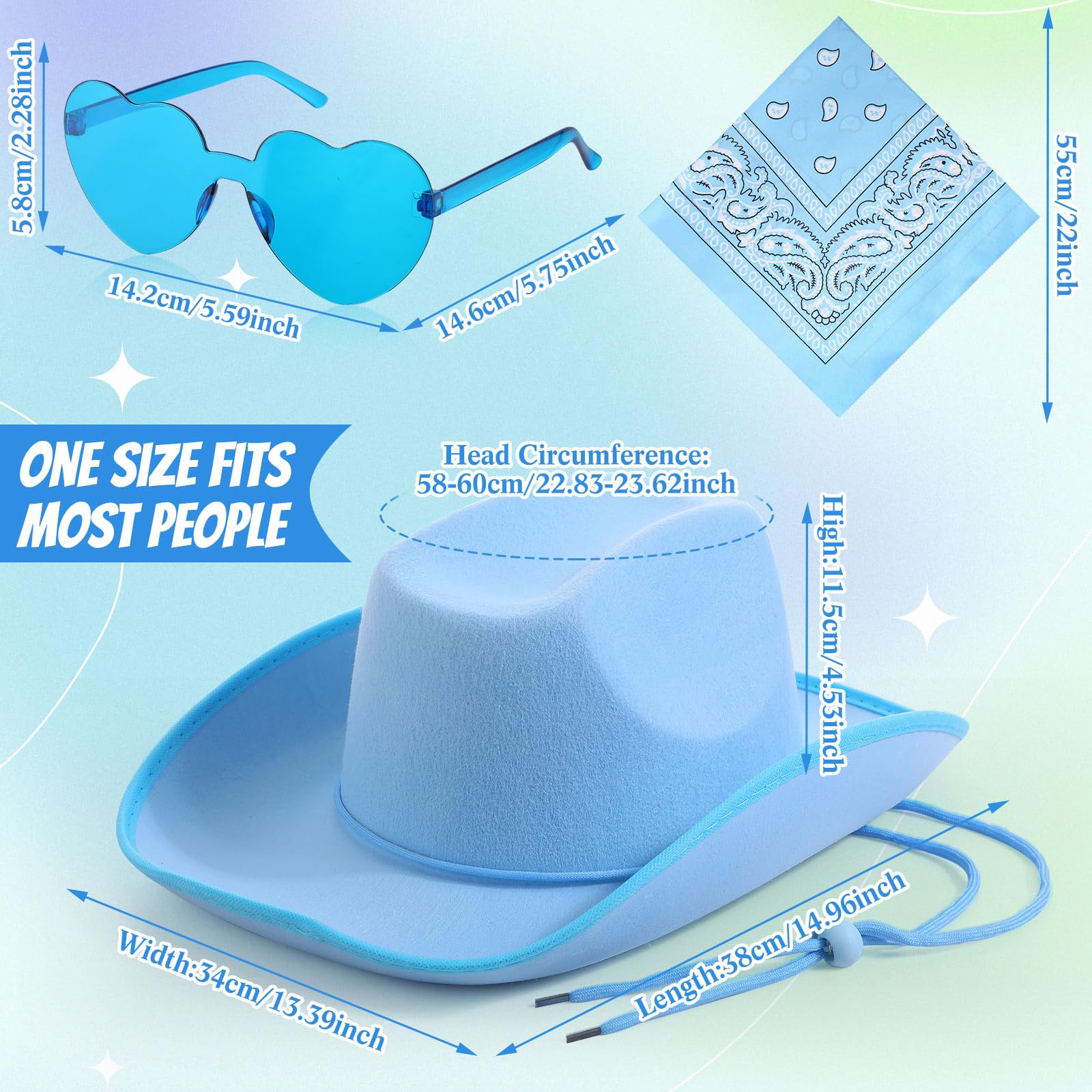 Geyoga 9 Pcs Cowboy Hat with Paisley Print Bandanas and Heart Shape Sunglasses for Halloween Cowboy Party Costume(Blue)