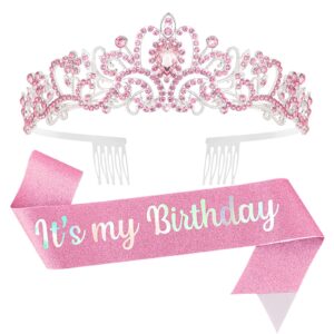 yission birthday girl sash & crown pink princess tiara crown for women girls happy birthday queen crown & sash birthday tiaras & crowns for women crystal birthday headband birthday party decorations