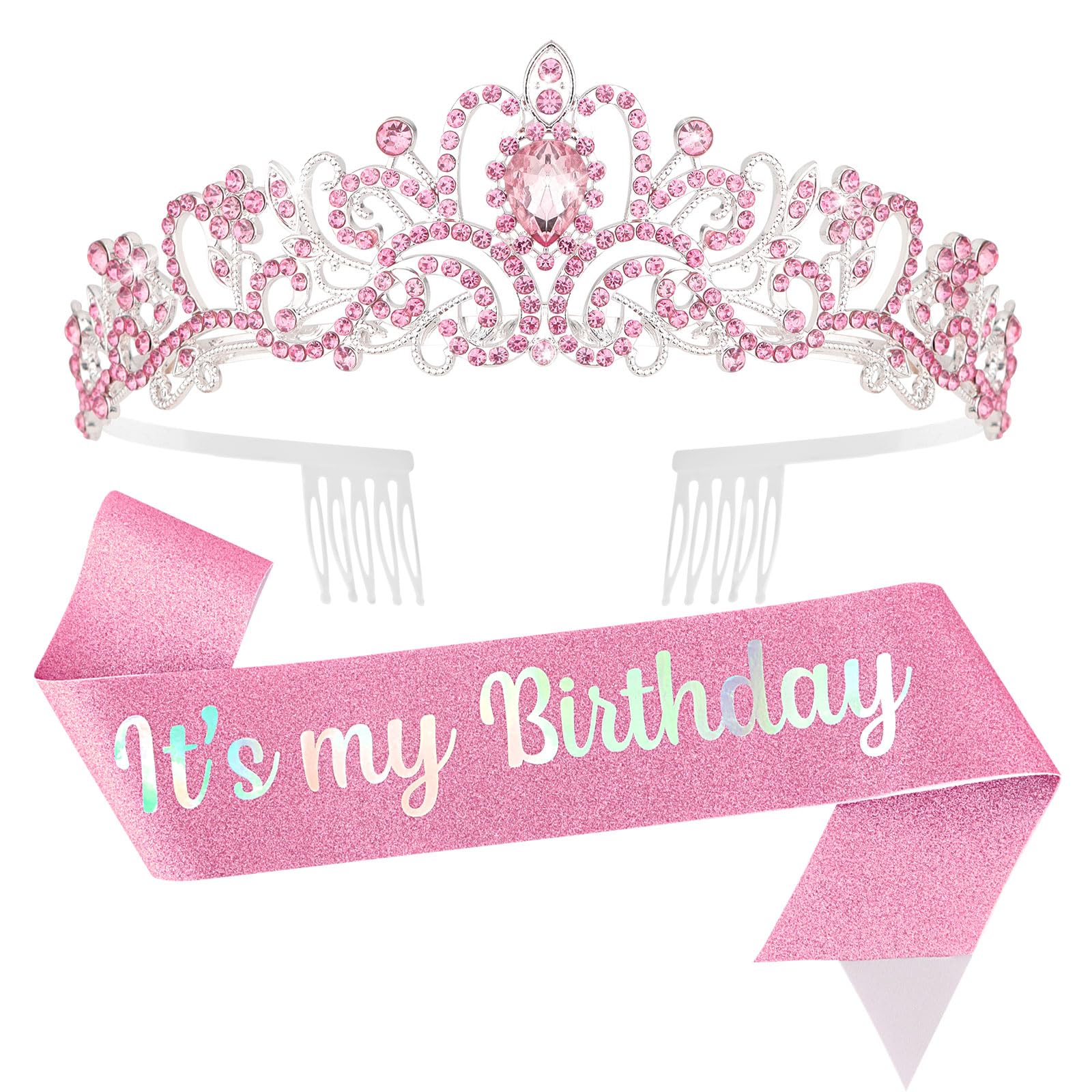 YISSION Birthday Girl Sash & Crown Pink Princess Tiara Crown for Women Girls Happy Birthday Queen Crown & Sash Birthday Tiaras & Crowns for Women Crystal Birthday Headband Birthday Party Decorations