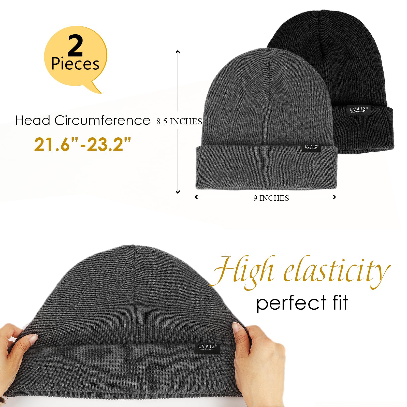 2 Pack Satin Lined Beanie Hats for Men Women Winter Warm Knitted Cuffed Silk Lined Slouchy Skull Cap