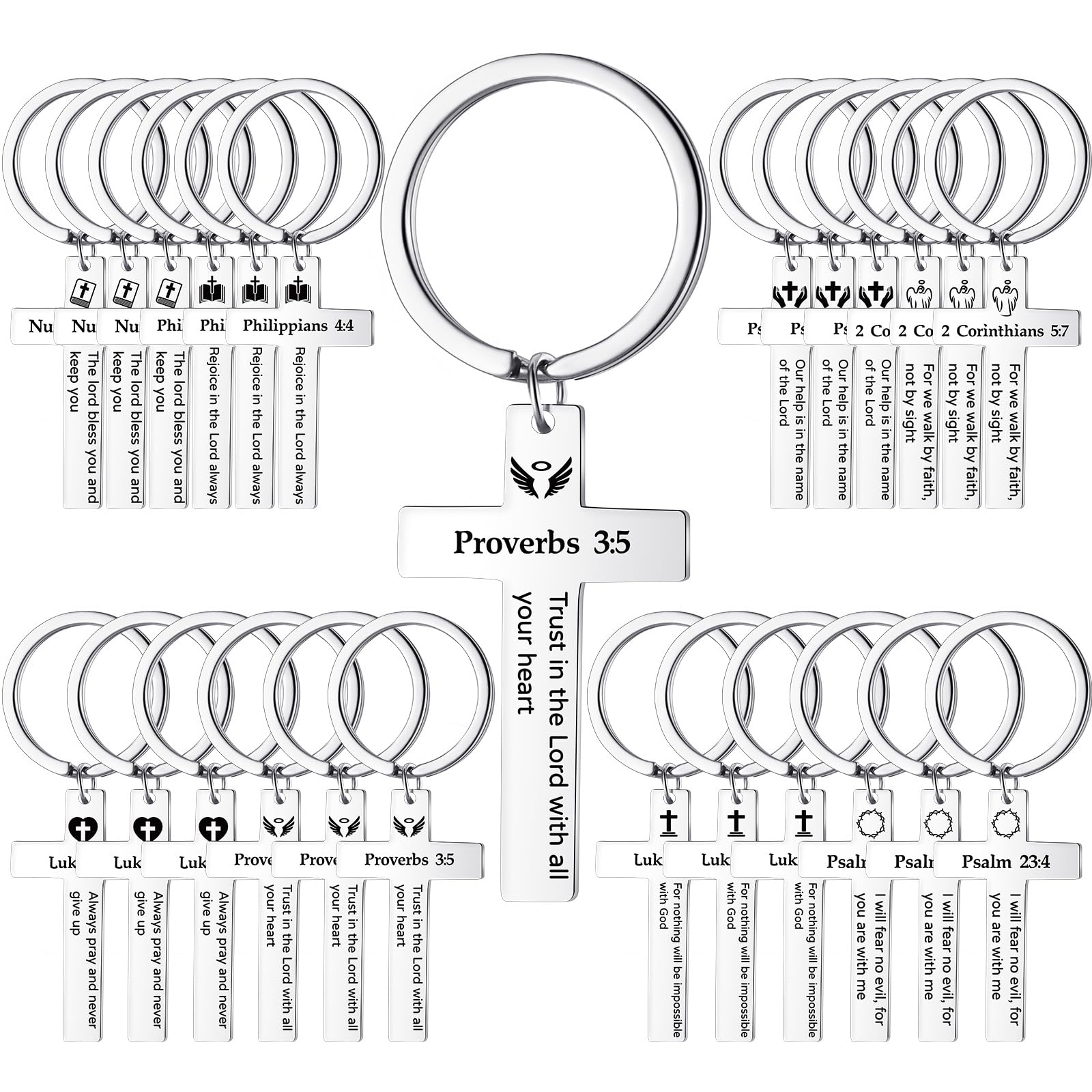 Loetere 45 Pcs Christian Cross Keychain Bulk 15 Styles Bible Verse Keychain Stainless Steel Religious Inspirational Gifts (Sliver,Bible)