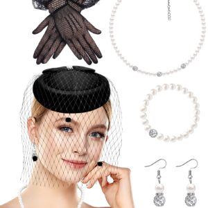 Pillbox Hat with Veil Vintage Fascinators Hats Set 20s 50s Pearl Top Hat for Women Cocktail Tea Party Wedding