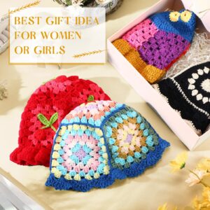 Cutecrop 4 Pcs Crochet Bucket Hat Knitted Bucket Hats for Women Cute Handmade Crochet Beanie Elastic Floral Beanies Cap Fisherman Hat for Traveling