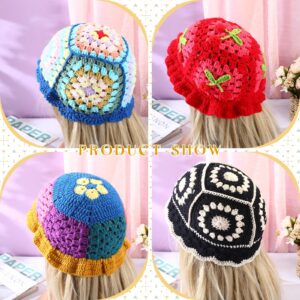 Cutecrop 4 Pcs Crochet Bucket Hat Knitted Bucket Hats for Women Cute Handmade Crochet Beanie Elastic Floral Beanies Cap Fisherman Hat for Traveling