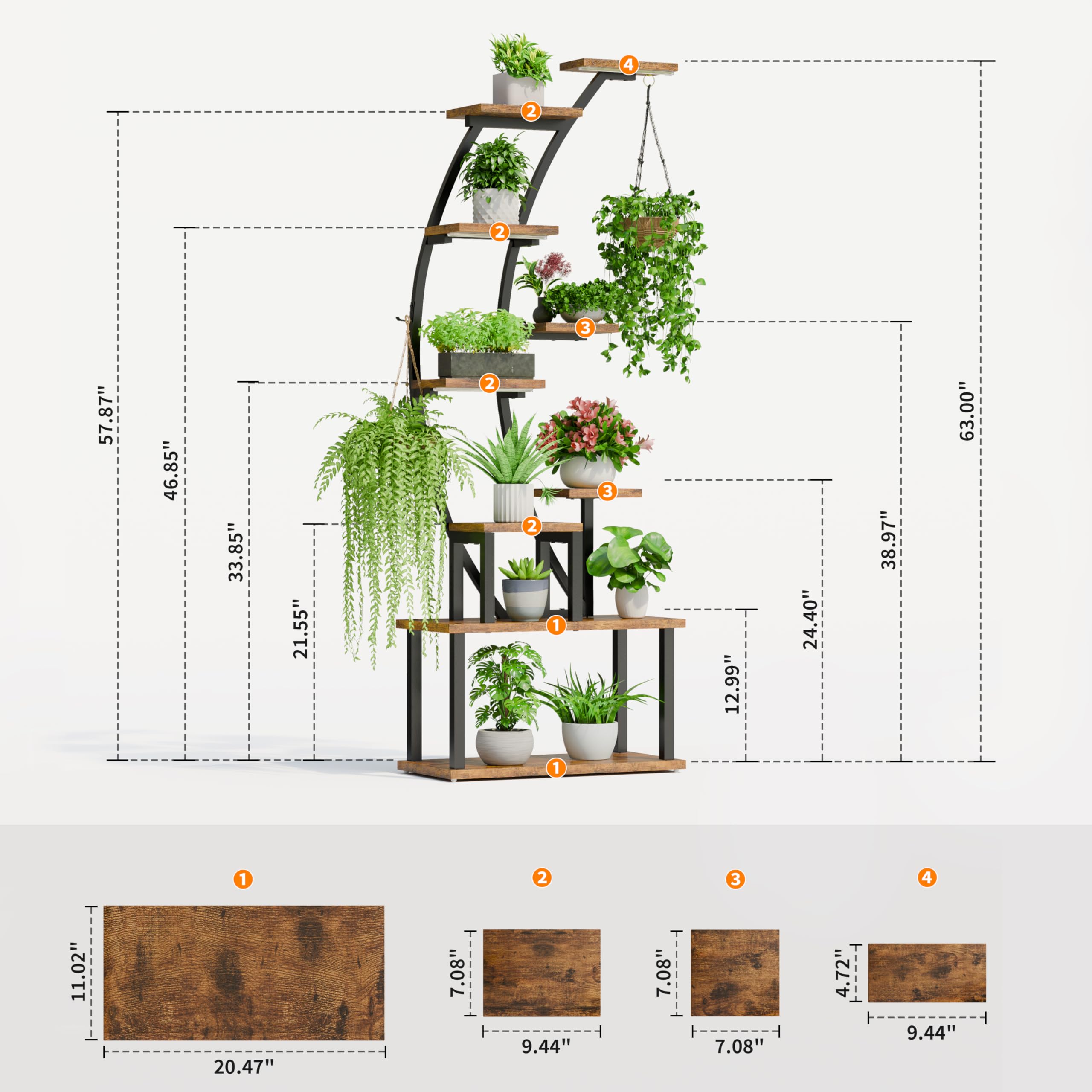 BACEKOLL Plant Stand Indoor with Grow Lights, 9 Tiered Metal Plant Shelf, 63" Tall Plant Stand for Indoor Plants Multiple, Large Plant Rack Display Shelves, Corner Plant Holder for Living Room, Patio