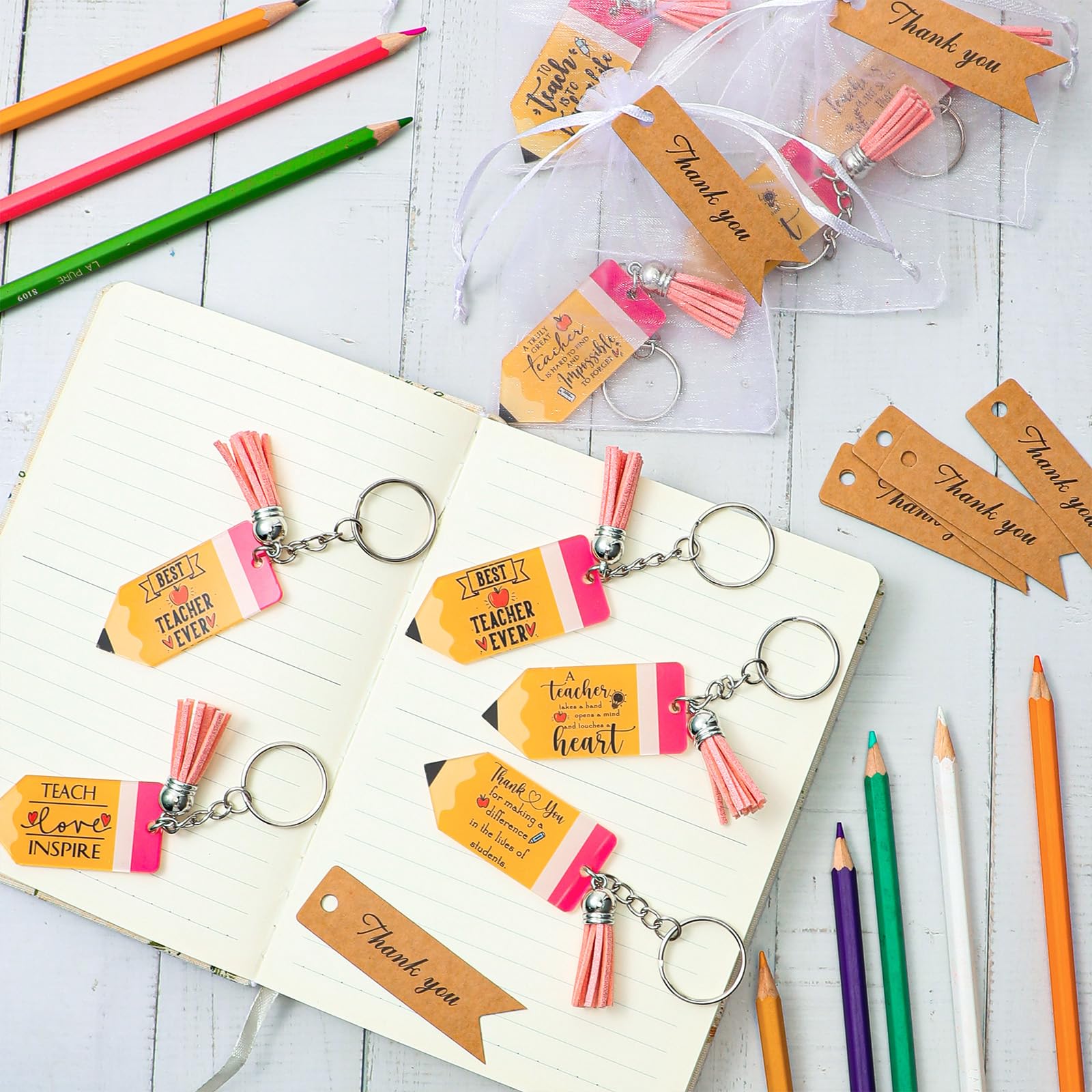 Bucherry 50 Sets Teacher Pencil Keychains Teacher Appreciation Gifts Bulk Acrylic Pencil Shaped Keychain with Tassel Organza Bags for School Women Men Teachers Gifts