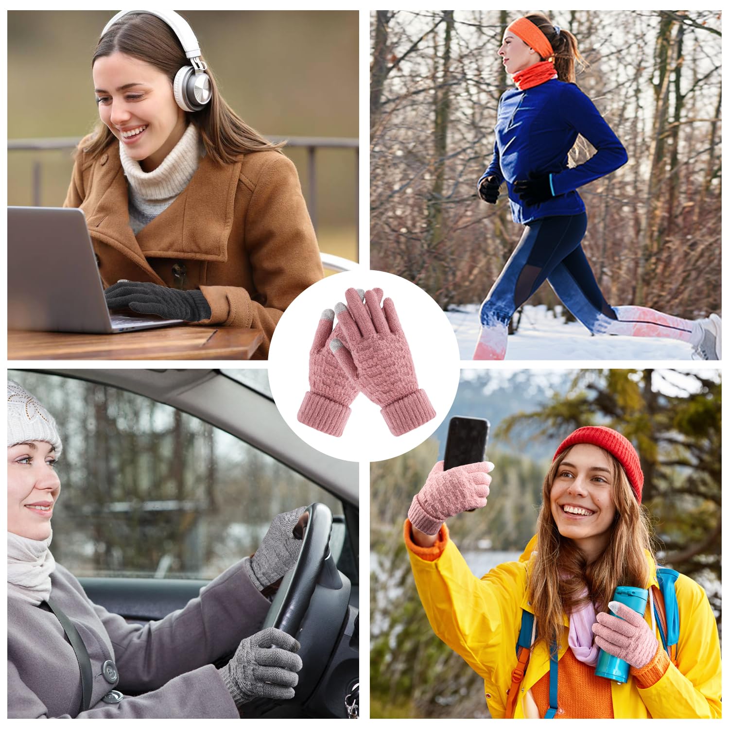 Winter Gloves for Women - 4 Pairs Touchscreen Gloves for Women Cold Weather, Fashion Knit Mittens Warm Winter Gloves