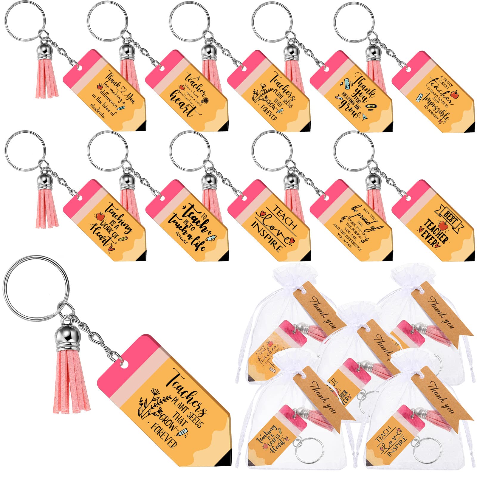 Bucherry 50 Sets Teacher Pencil Keychains Teacher Appreciation Gifts Bulk Acrylic Pencil Shaped Keychain with Tassel Organza Bags for School Women Men Teachers Gifts