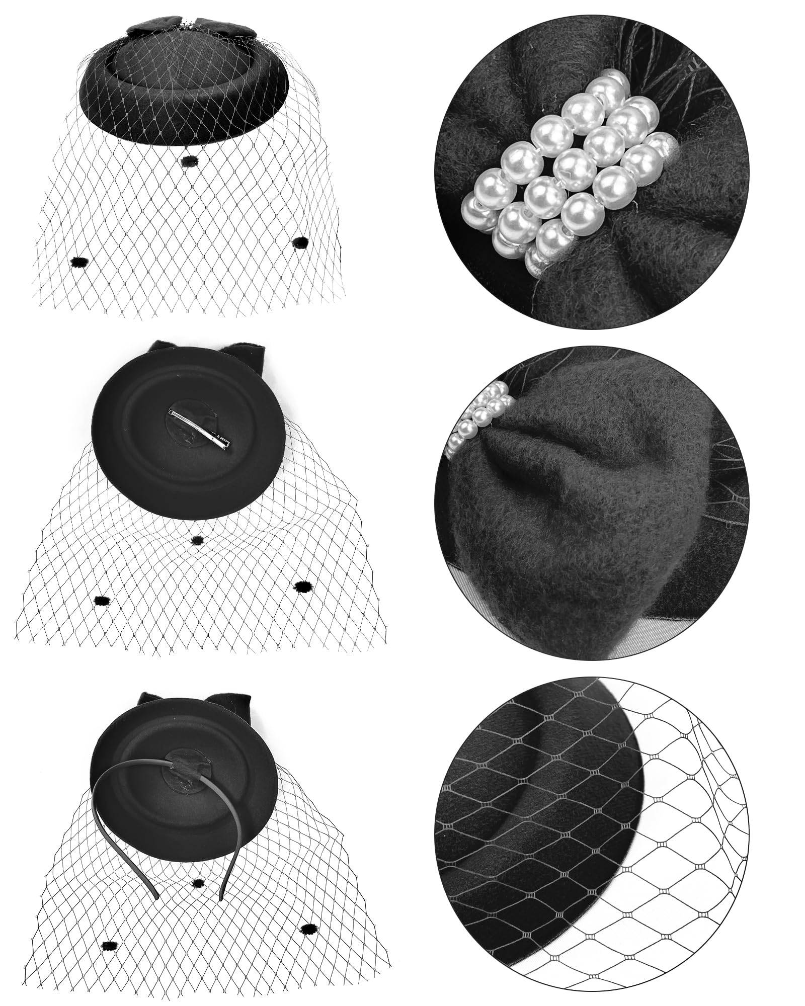 Pillbox Hat with Veil Vintage Fascinators Hats Set 20s 50s Pearl Top Hat for Women Cocktail Tea Party Wedding