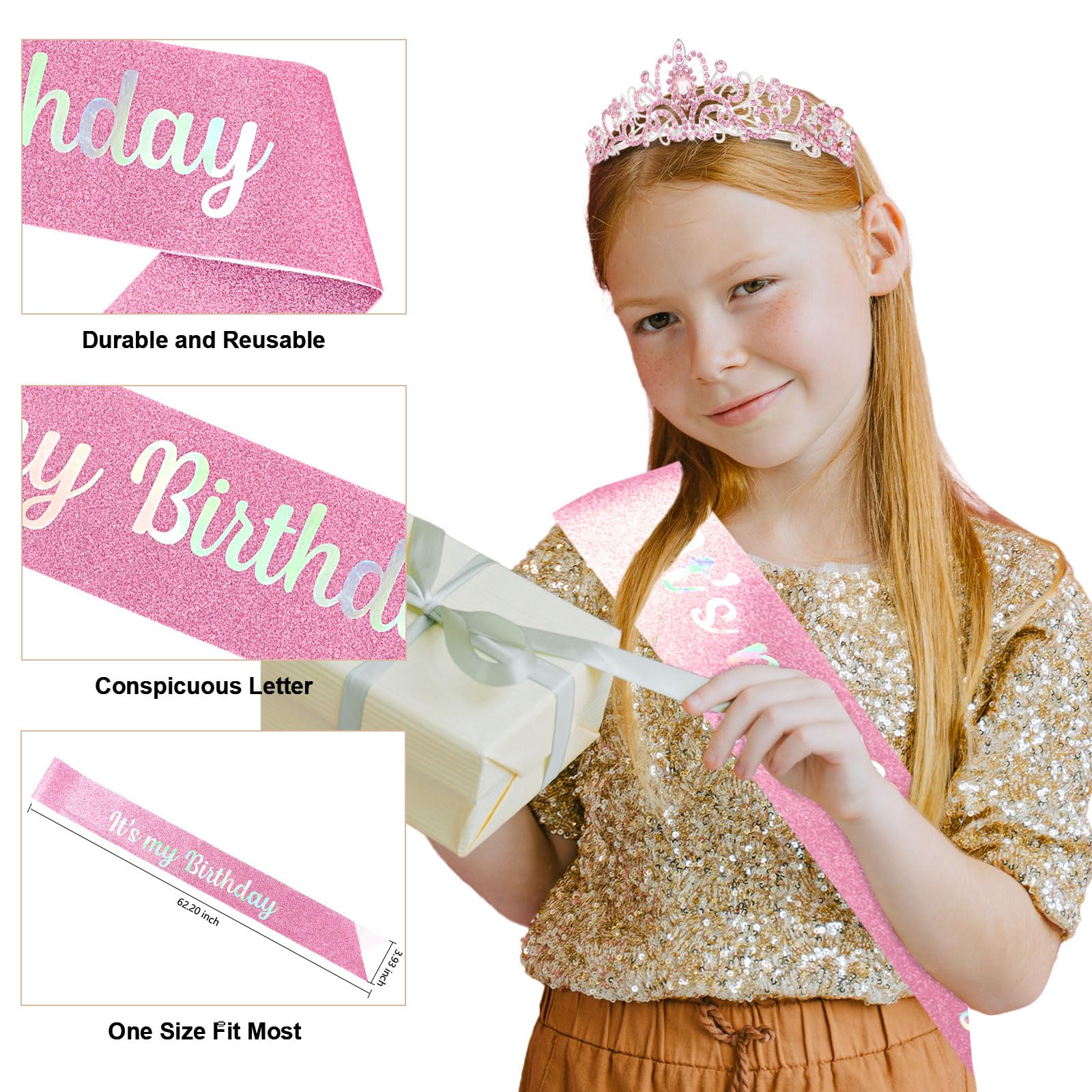 YISSION Birthday Girl Sash & Crown Pink Princess Tiara Crown for Women Girls Happy Birthday Queen Crown & Sash Birthday Tiaras & Crowns for Women Crystal Birthday Headband Birthday Party Decorations