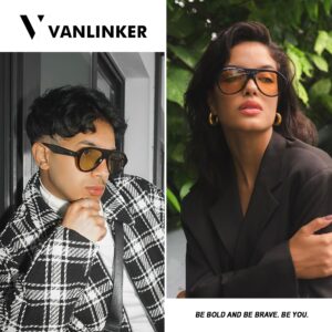 VANLINKER Retro Aviator Polarized Sunglasses for Men Women Trendy 70s Vintage Plastic Frame Sun Glasses VL9750 Black/Yellow Tinted Lens