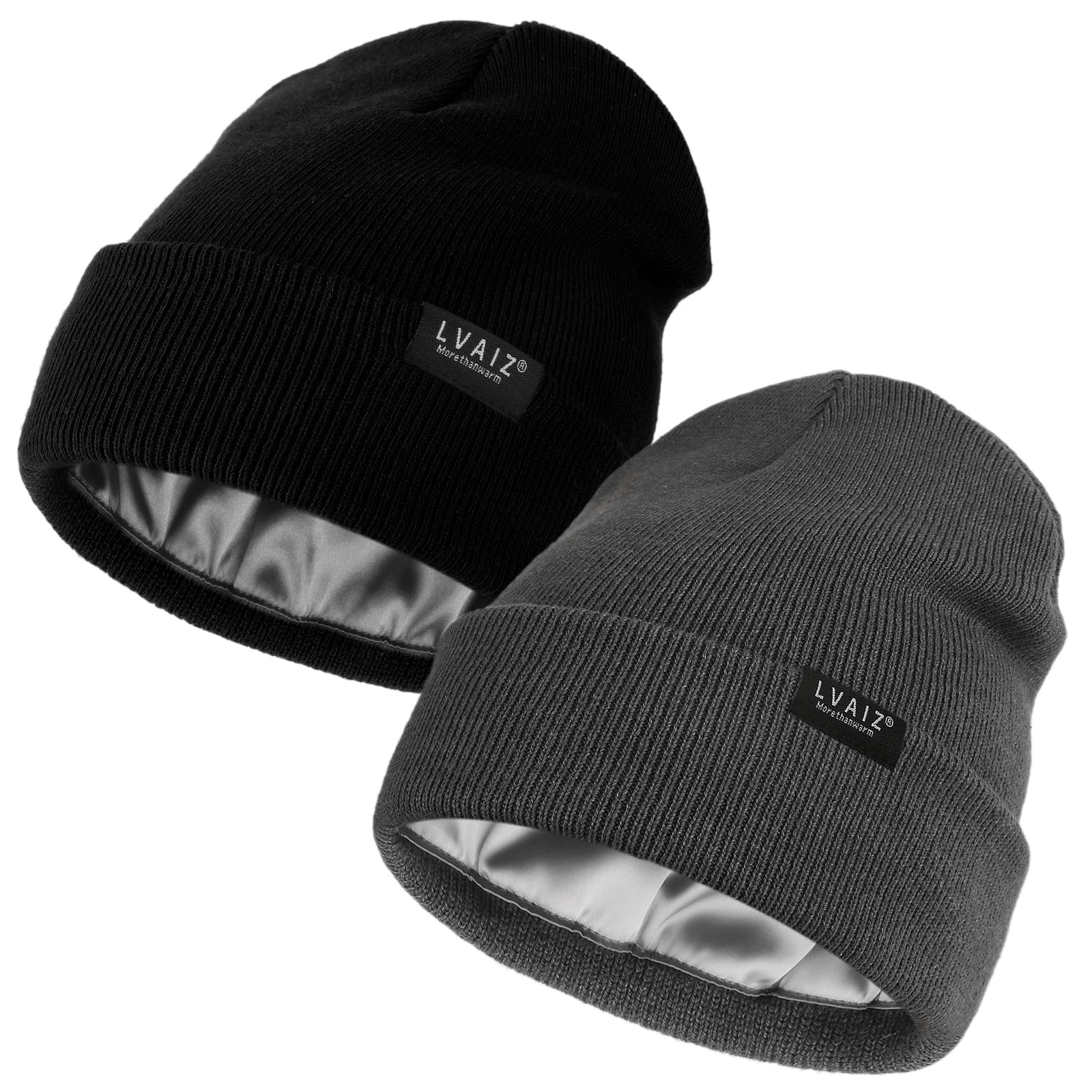 2 Pack Satin Lined Beanie Hats for Men Women Winter Warm Knitted Cuffed Silk Lined Slouchy Skull Cap