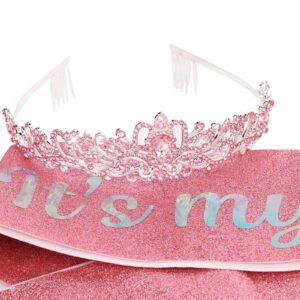 YISSION Birthday Girl Sash & Crown Pink Princess Tiara Crown for Women Girls Happy Birthday Queen Crown & Sash Birthday Tiaras & Crowns for Women Crystal Birthday Headband Birthday Party Decorations