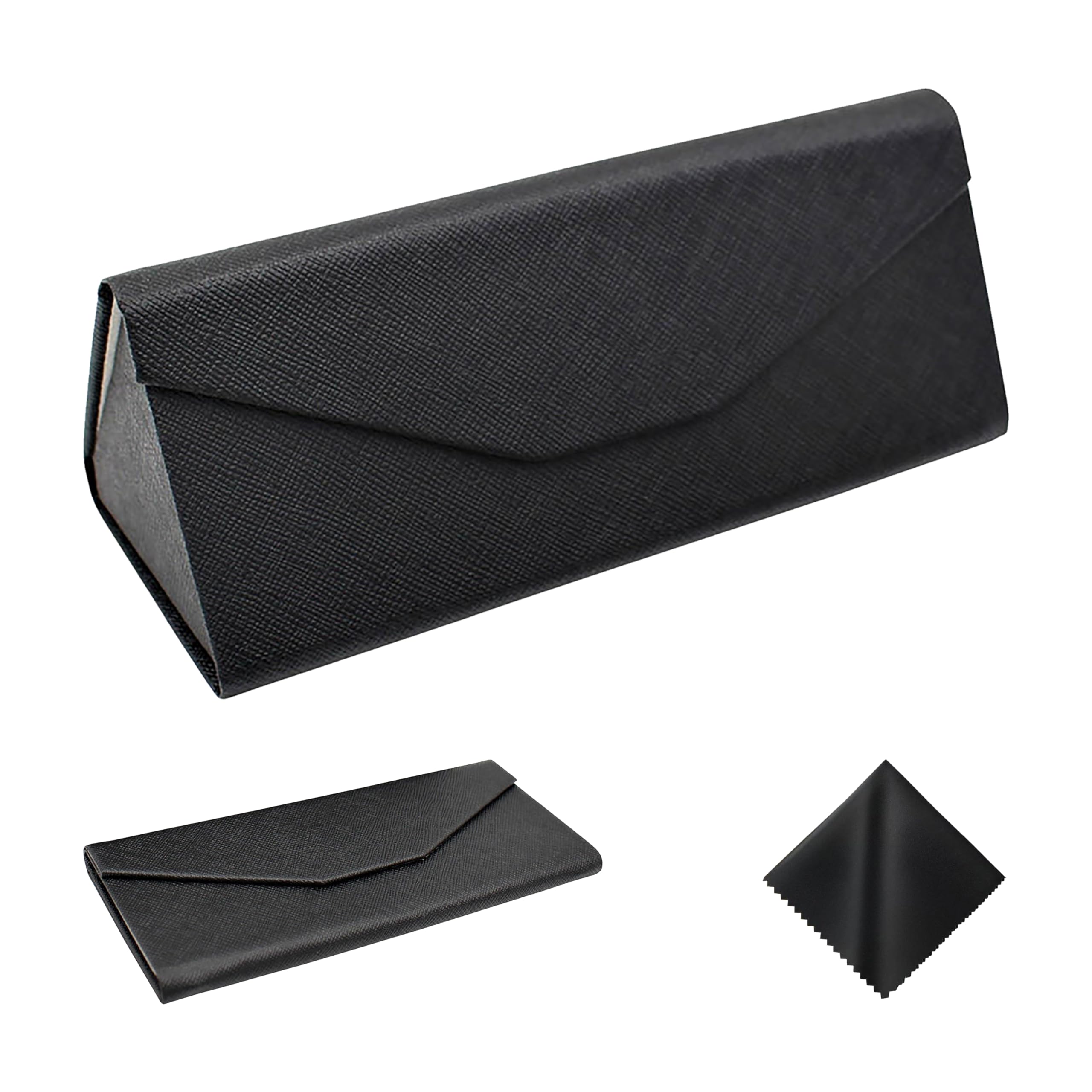 SOHUPAC Foldable Glasses Case With Clean Cloth, PU Portable Sunglasses Case, Magnetic Folding Hard Case Protection (Black)