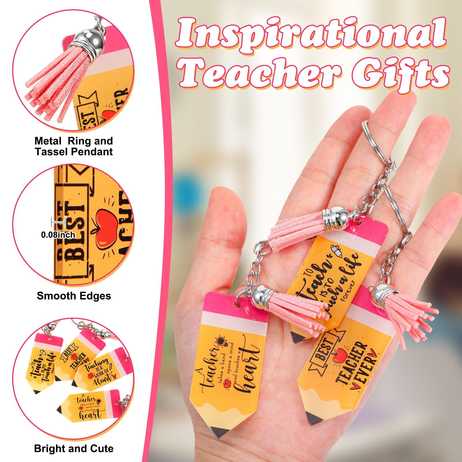 Bucherry 50 Sets Teacher Pencil Keychains Teacher Appreciation Gifts Bulk Acrylic Pencil Shaped Keychain with Tassel Organza Bags for School Women Men Teachers Gifts