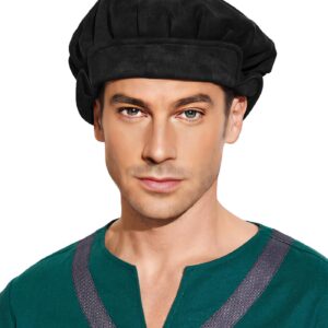 FURPHI Medieval Beret Cap for Men Women Faux Suede Hat Christmas Costume Renaissance Faire Accessories(Dark)