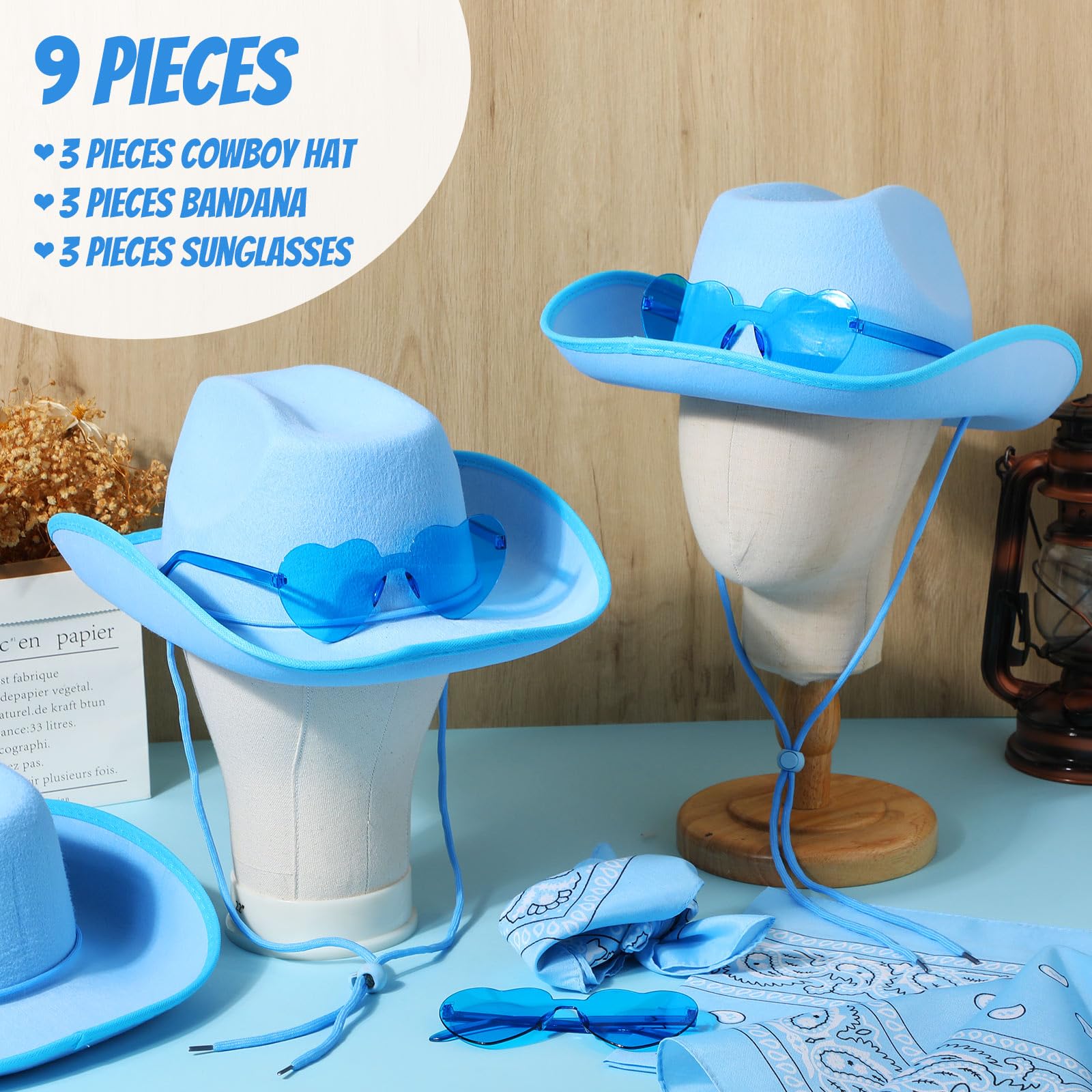 Geyoga 9 Pcs Cowboy Hat with Paisley Print Bandanas and Heart Shape Sunglasses for Halloween Cowboy Party Costume(Blue)