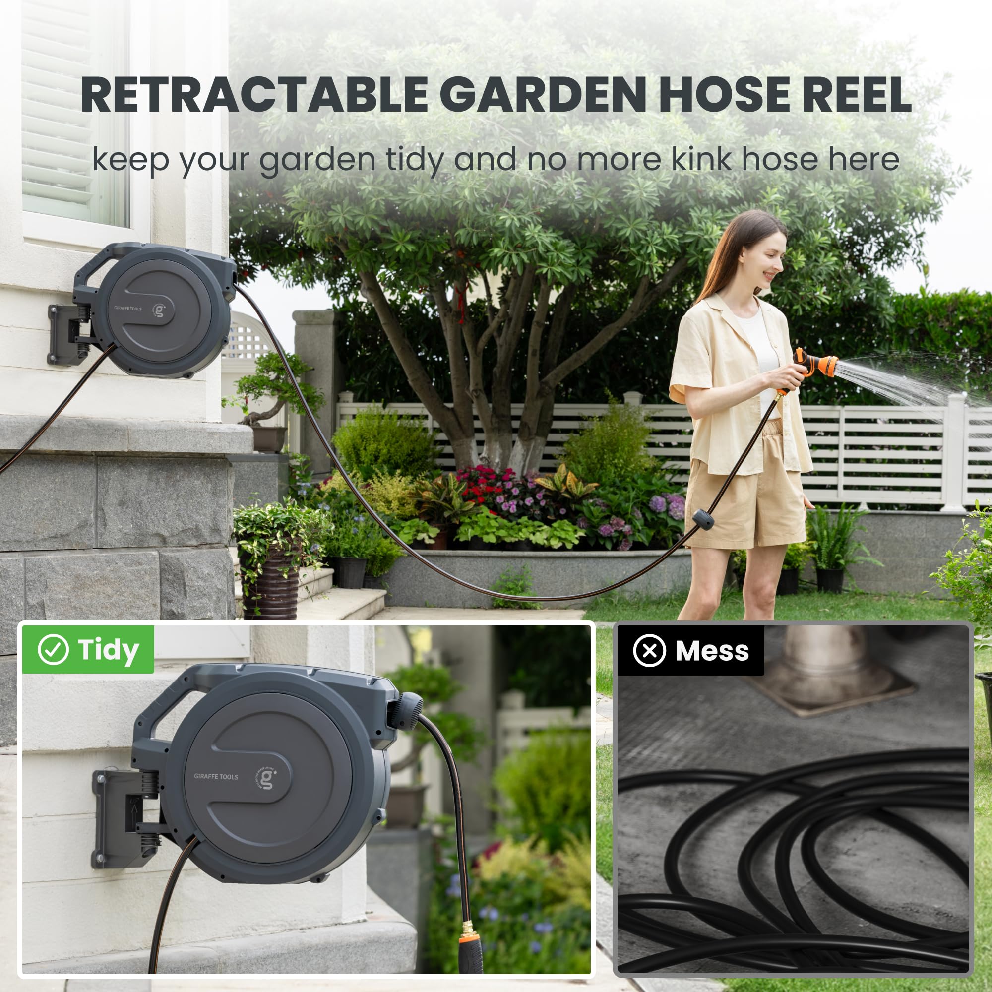 Giraffe Tools PRO Hose Reel 1/2" x 78 ft with Metal Bracket, Heavy Duty, Any Length Lock Garden Hose Reel for Patio, 78 ft, Dark Grey