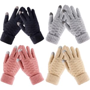 Winter Gloves for Women - 4 Pairs Touchscreen Gloves for Women Cold Weather, Fashion Knit Mittens Warm Winter Gloves