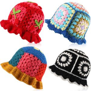 cutecrop 4 pcs crochet bucket hat knitted bucket hats for women cute handmade crochet beanie elastic floral beanies cap fisherman hat for traveling