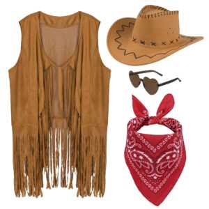 choyaxo western cowgirl outfits set including fringe vest cowgirl hat heart shaped sunglasses and bandana for women halloween