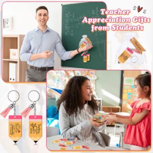 Bucherry 50 Sets Teacher Pencil Keychains Teacher Appreciation Gifts Bulk Acrylic Pencil Shaped Keychain with Tassel Organza Bags for School Women Men Teachers Gifts