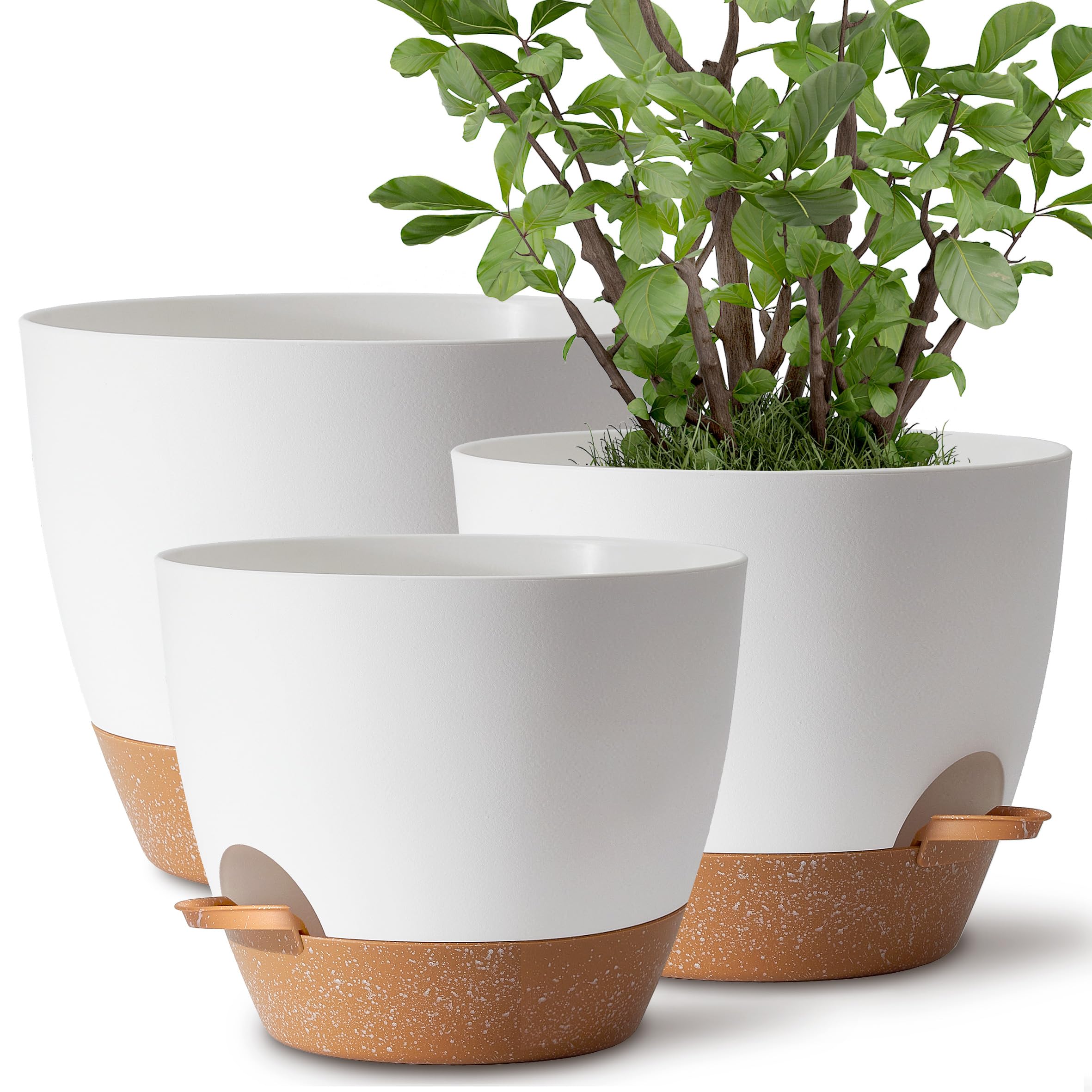 TYMENSH Plant Pots 12/10/9 inch Set of 3, Self Watering Flower Pots Indoor Outdoor, Planters with Drainage Hole Saucer Reservoir, White