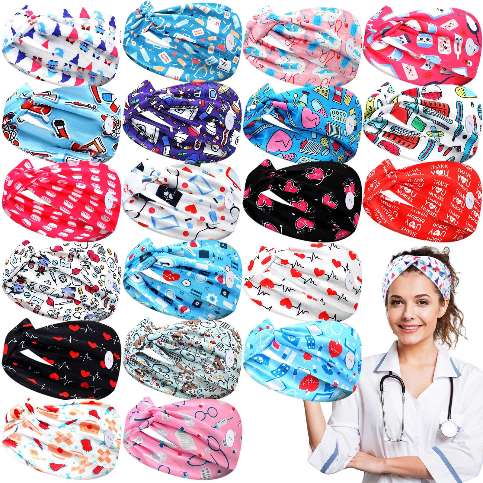 Jexine 20 Pcs Nurse Headbands with Button for Women Nursing Headbands for Nurses Doctors Nursing Accessories Mask Headbands Non Slip Hair Bands for Ear Protection Men Women Workout Yoga (Cute Style)