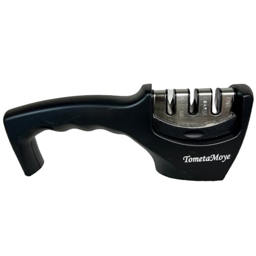 TometaMoye Kitchen Knife Sharpener - Professional 3 Stage Manual Sharpeners - Ergonomic Handle and Non-slip Base - Safe Sharpening Tool - Easily Honing Knives in a Breeze, Black.