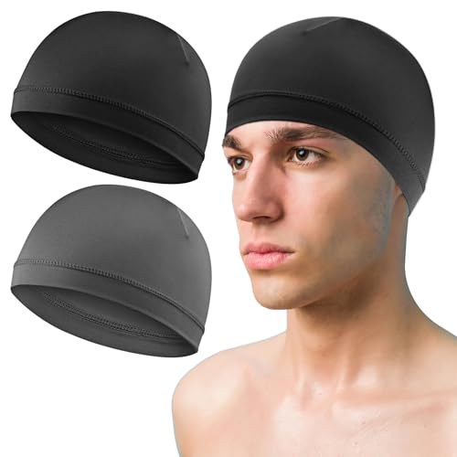 COMNICO 2 Pcs Men Skull Caps, Beanie Multifunctional Sleep Hats Breathable Headwear Sweat Absorbent Liner Cap for Men Women (Black，Dark Grey)