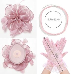 4 PCS Fascinators Hat Kentucky Derby Hats Wedding Cocktail Tea Party Headwear with Lace Gloves Pearl Necklace Earrings (Pink)