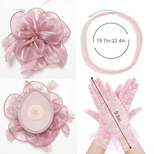 4 PCS Fascinators Hat Kentucky Derby Hats Wedding Cocktail Tea Party Headwear with Lace Gloves Pearl Necklace Earrings (Pink)