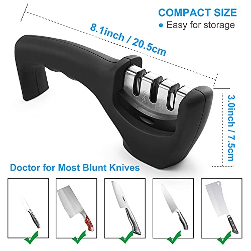 TometaMoye Kitchen Knife Sharpener - Professional 3 Stage Manual Sharpeners - Ergonomic Handle and Non-slip Base - Safe Sharpening Tool - Easily Honing Knives in a Breeze, Black.