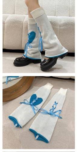 DEEPWIN Leg Warmer Leg Socks Lolita Love Sweet Knitted Leg Calf Cute Ribbon JK Spicy Girl (Blue)