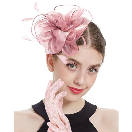 4 PCS Fascinators Hat Kentucky Derby Hats Wedding Cocktail Tea Party Headwear with Lace Gloves Pearl Necklace Earrings (Pink)