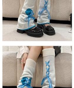 DEEPWIN Leg Warmer Leg Socks Lolita Love Sweet Knitted Leg Calf Cute Ribbon JK Spicy Girl (Blue)